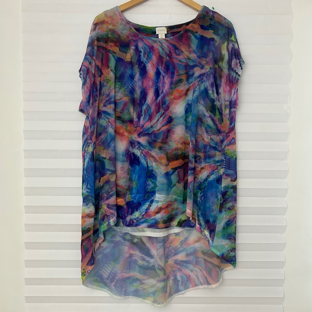 Chico's Abstract Mesh High Low Tunic Top Blue Purple Pink Green 3 XL Artsy